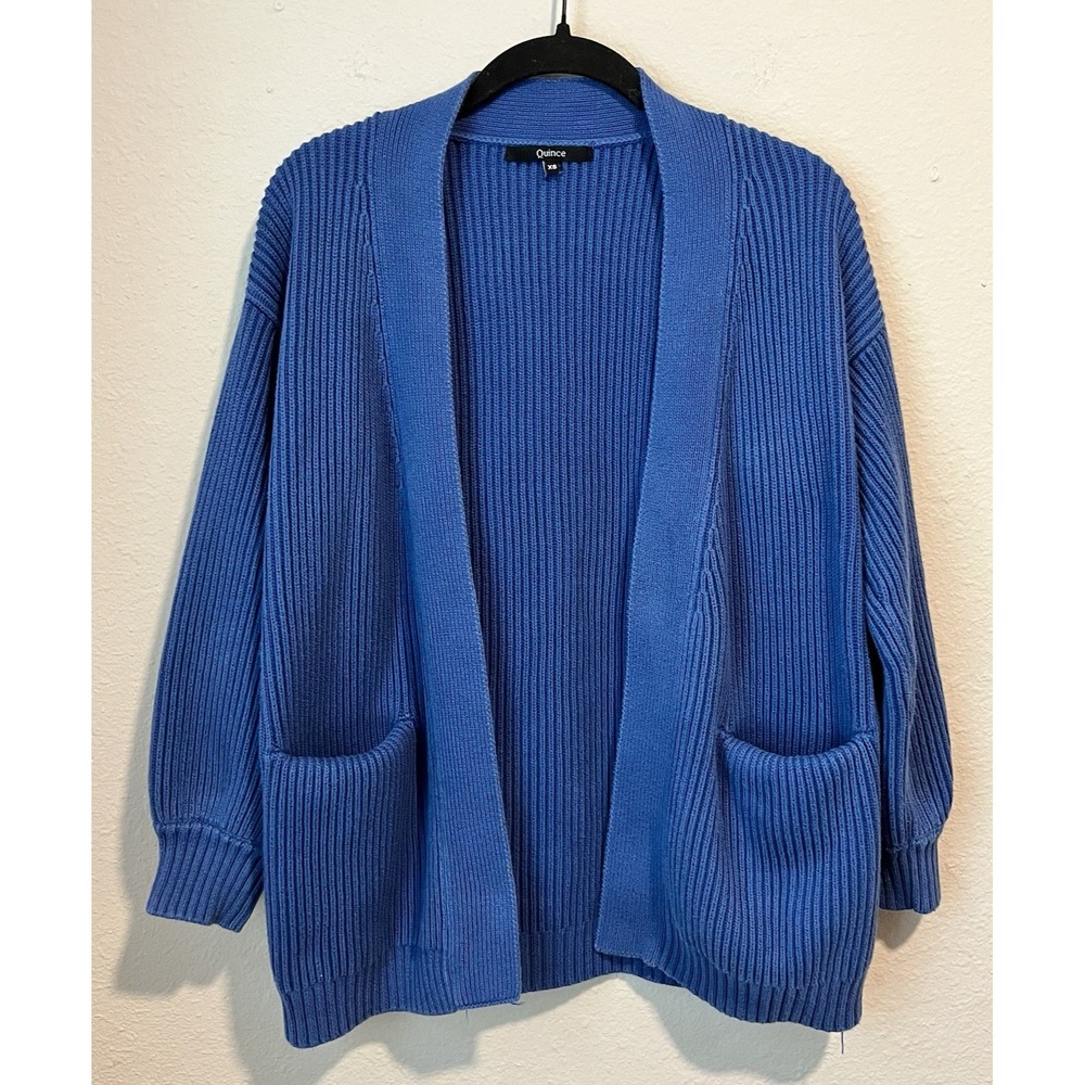 QUINCE Women's Open Cardigan Sweater XS Cobal Blue 100% Organic Cotton 3/4 Slv